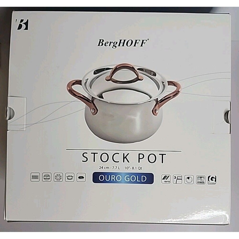 BergHOFF Covered Stock Pot Ouro Gold Stainless Steel 10" 8/1 Quart 7.7 Liter NIB